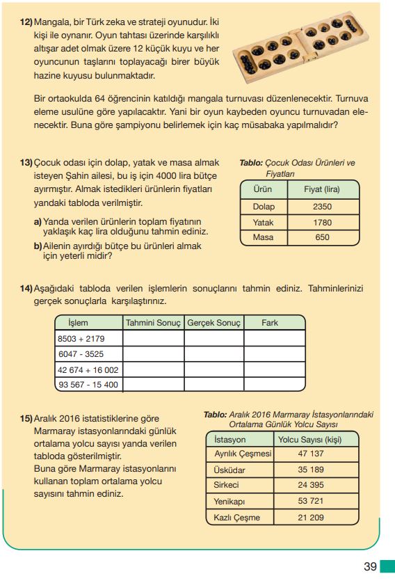 5. Sınıf Matematik Ders Kitabı Çözümleri ve Cevapları Sayfa 39 MEB Yayınları