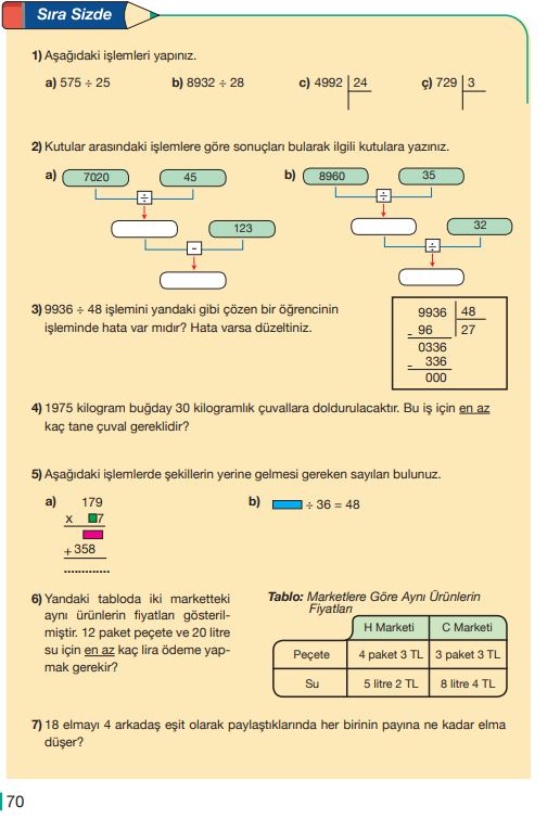 5. Sınıf Matematik Ders Kitabı Çözümleri ve Cevapları Sayfa 70 MEB Yayınları